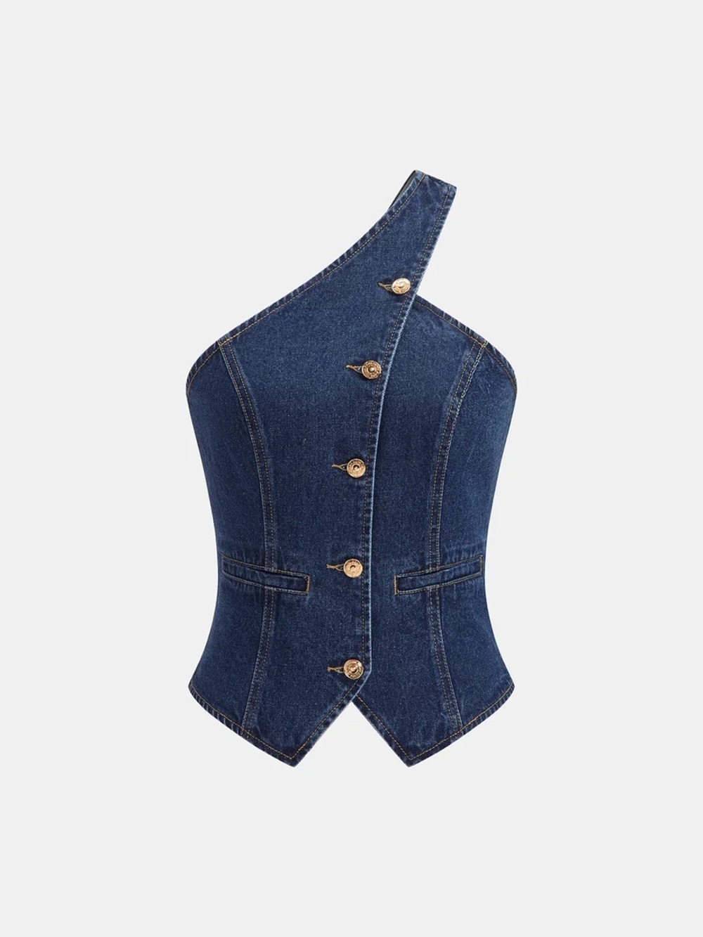 Commense One Shoulder Buttoned Denim Vest